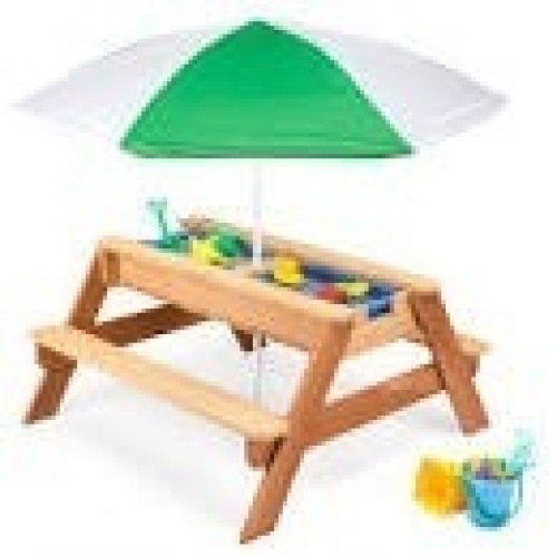 BCP # 6357 : 3 In 1 Kids  Sand And Water Table OutDoor Wood  Picnic table  W / Umbrella  - Lot 8