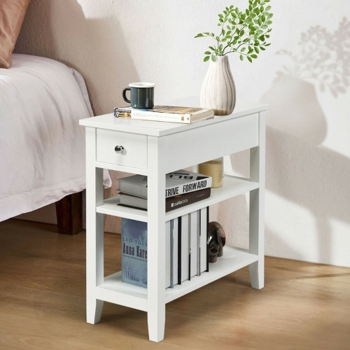 3-Tier Nightstand Bedside Table Sofa Side With Double Shelves Drawer-White HW61591WH  - Lot 349