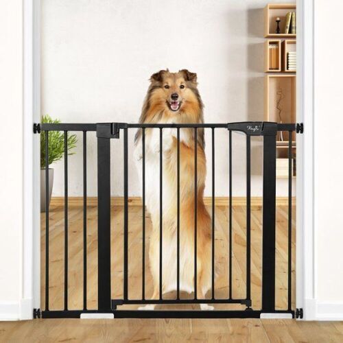 KINGSO 43.3in Baby Gate Extra Wide Tall Dog Pet Gate Auto Close Safety Gate, Include 4 Pressure Bolts, 2.75" & 8.25" Extension, Black - Lot 379