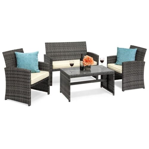 4-Piece Outdoor Wicker Conversation Patio Set w/ 4 Seats, Glass Table Top - Lot 912