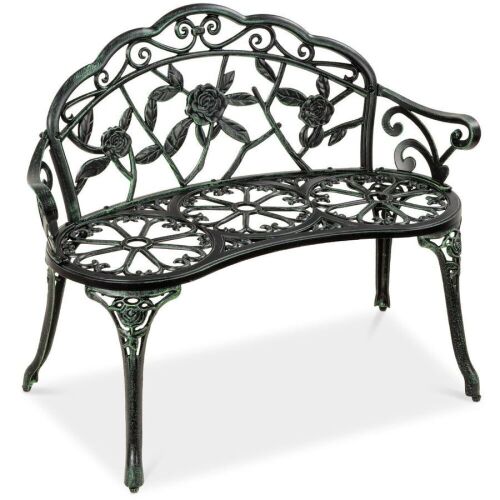 Steel Garden Bench Outdoor Patio Furniture w/ Floral Rose Accent - 39in - Lot 797