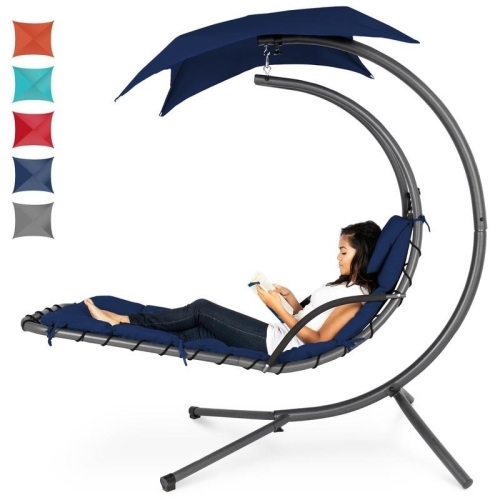 Hanging Curved Chaise Lounge Chair w/ Built-In Pillow, Removable Canopy  - Lot 98