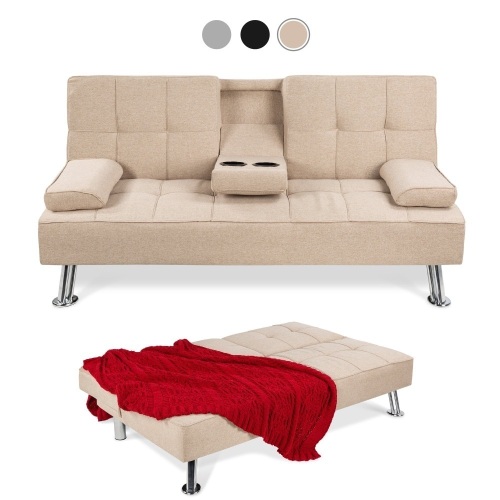 Linen Upholstered Convertible Sofa Bed Futon w/ 2 Cupholders  - Lot 134