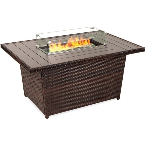 Wicker Propane Fire Pit Table, 50,000 BTU w/ Glass Wind Guard, Cover - 52in  - Lot 153