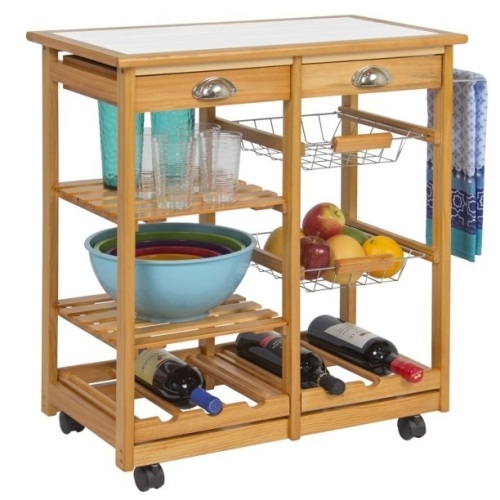 Rolling Wood Kitchen Storage Cart Dining Trolley w/ Drawers, Fruit Baskets, Wine Rack  - Lot 217