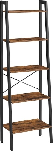 5-Tier Wood Bookshelf w/ Metal Frame, Open Ladder Style, Rustic Brown  - Lot 298