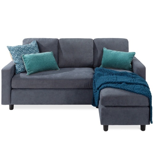 Linen Sectional Sofa Couch w/ Chaise Lounge, Reversible Ottoman Bench  - Lot 73