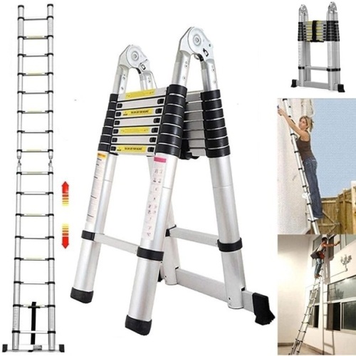 Dayplus 2.5M+2.5M A-Frame Aluminum Telescopic Collapsible Extension Folding Step Ladder 330lbs Max Capacity  - Lot 703