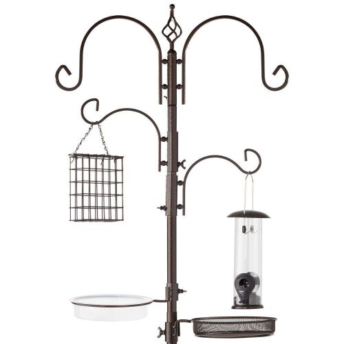 4-Hook Bird Feeding Station, Steel Feeder Stand w/ 2 Bird Feeders - 91in - Lot 1037