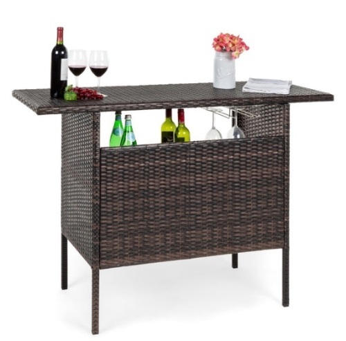Outdoor Wicker Bar Counter Table w/ 2 Steel Shelves, 2 Rails, Appears New - Lot 170