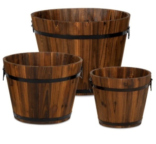 Set of 3 Rustic Wood Bucket Barrel Garden Planters Set w/ Drainage Holes, Appears New - Lot 439