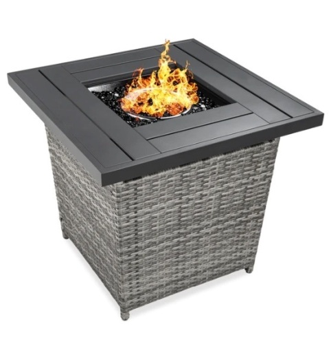 28in Fire Pit Table 50,000 BTU Wicker Propane w/ Faux Wood Tabletop, Cover, Appears New, Retail $229.99 - Lot 426