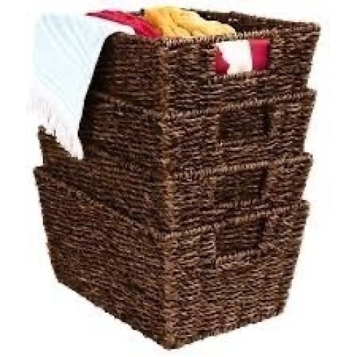 Set of 4 Seagrass Storage Tote Baskets, Laundry Organizer w/ Insert Handles - Lot 1589