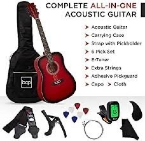 (Broken Strings) 41in Acoustic Guitar Starter Kit w/ Digital Tuner, Padded Case, Picks, Strap - Lot 2121