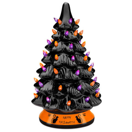 Pre-Lit 15in Ceramic Halloween Tree w/ Orange & Purple Bulb Lights - Lot 2257