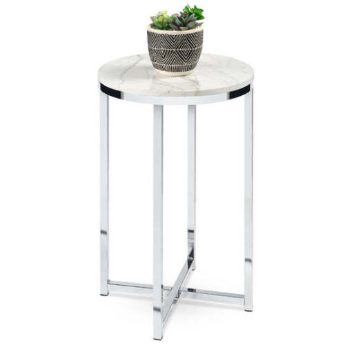 Round Coffee Side Table w/ Faux Marble Top, Metal Frame - 16in - Lot 2338