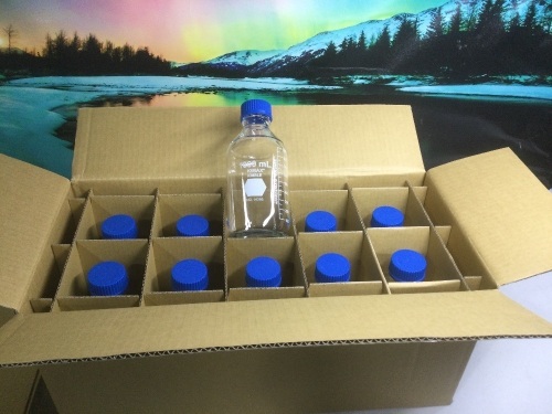 Kimble 14395-1000 Borosilicate Glass GL-45 Media/Storage Bottle With Blue Polypropylene Screw Thread Cap, 1000mL, Case of 10 - Appears New - Lot 696