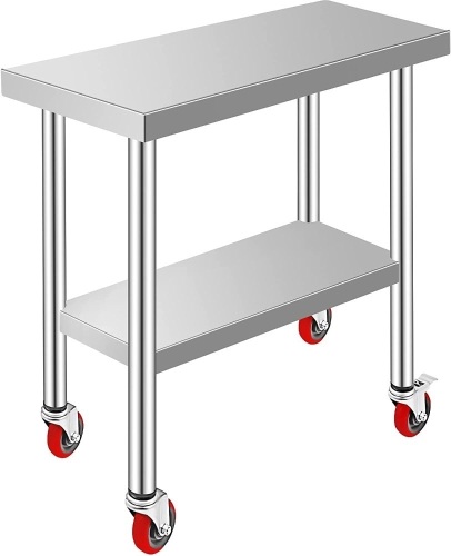 VEVOR Stainless Steel Work Table 3-Stage Adjustable Shelf with 4 Wheels, 30" x 12" x 34" - Appears New  - Lot 873
