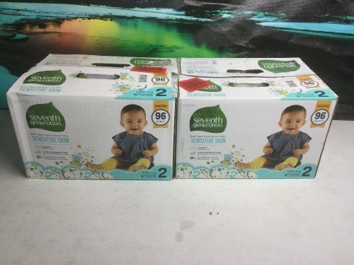 Lot of (2) Seventh Generation Free & Clear Baby Diapers, Size 2, 96 Ct - New/Unopened  - Lot 652