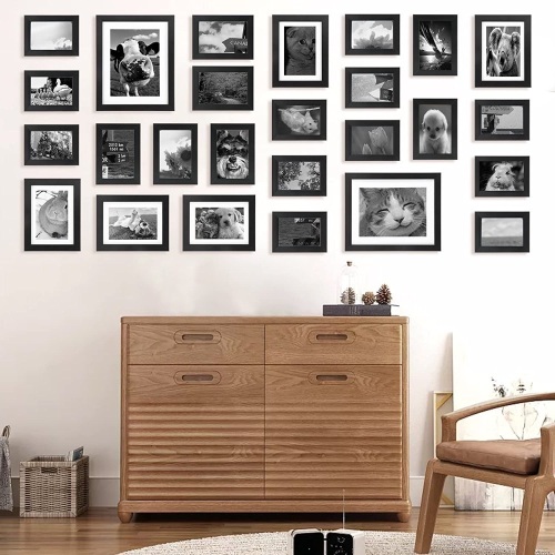 Voilamart Picture Frames Set of 26, Multi Pack Photo Frame Set Wall Gallery Kit - Display Two 8x10 in, Five 5x7 in, Seven 4x6 in, Twelve 3.5x5 in, with Wall Template and Hanging Hardware, Black - Lot 820