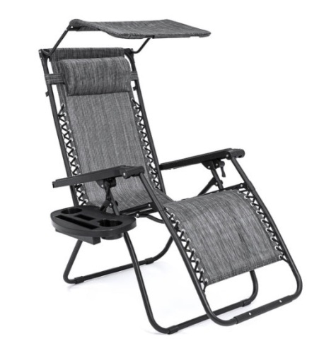 Folding Zero Gravity Recliner Patio Lounge Chair w/ Canopy, Side Tray, Gray - Lot 5