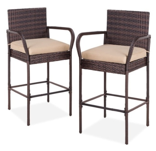 Set of 2 Indoor Outdoor Wicker Bar Stools w/ Cushion, Footrests, Armrests, Brown - Lot 9