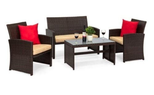 4-Piece Outdoor Wicker Conversation Patio Set w/ 4 Seats, Glass Table Top, Brown/Beige - Lot 10