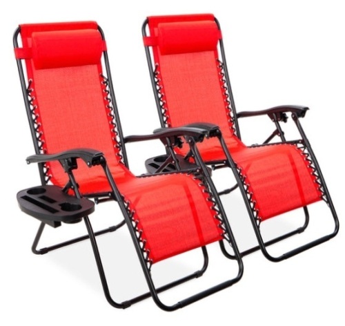 Set of 2 Adjustable Zero Gravity Patio Chair Recliners w/ Cup Holders, Crimson Red - Lot 13