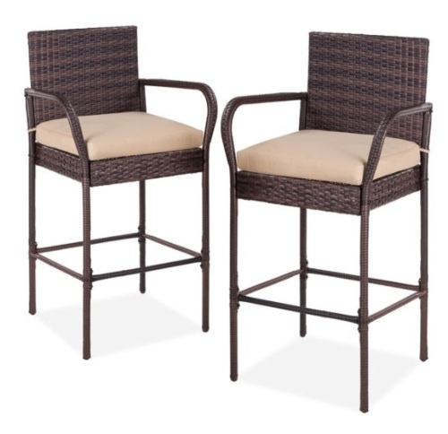 Set of 2 Indoor Outdoor Wicker Bar Stools w/ Cushion, Footrests, Armrests, Brown  - Lot 16