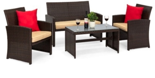 4-Piece Outdoor Wicker Conversation Patio Set w/ 4 Seats, Glass Table Top, Brown/Beige - Lot 18