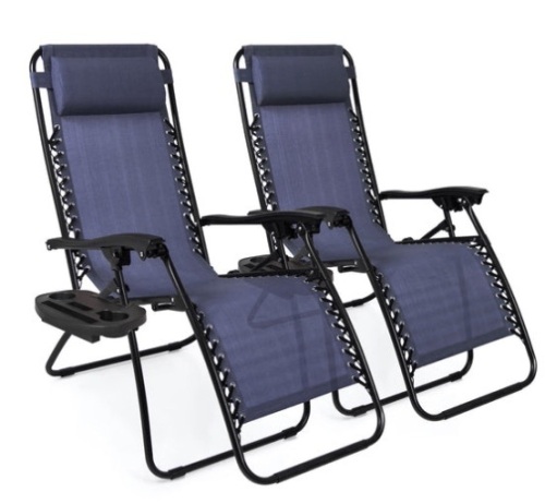 Set of 2 Adjustable Zero Gravity Patio Chair Recliners w/ Cup Holders, Blue - Lot 24