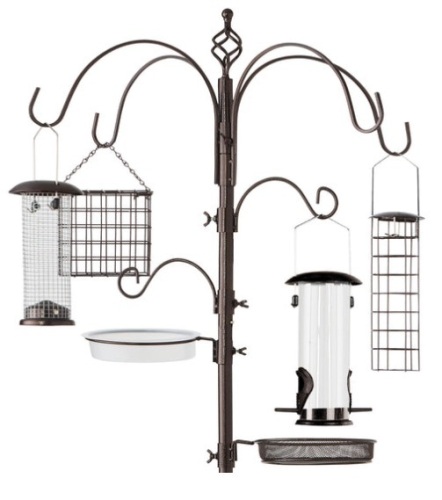 Bird Feeding Station, 6-Hook Steel Multi-Feeder Stand w/ 4 Feeders - 89in, Bronze - Lot 25