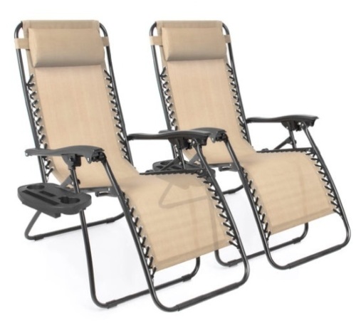 Set of 2 Adjustable Zero Gravity Patio Chair Recliners w/ Cup Holders, Sand - Lot 29