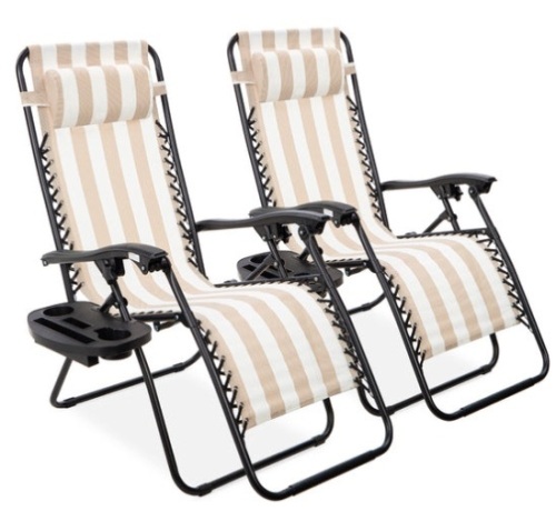 Set of 2 Adjustable Zero Gravity Patio Chair Recliners w/ Cup Holders, Tan Striped - Lot 30