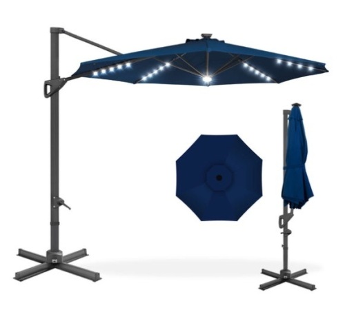 360-Degree Solar LED Cantilever Offset Patio Umbrella w/ Tilt - 10ft, Navy Blue - Lot 38