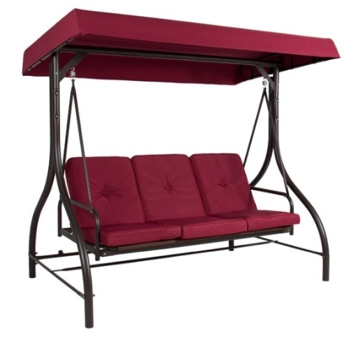 3-Seat Outdoor Canopy Swing Glider Furniture w/ Converting Flatbed Backrest, Burgundy - Lot 41