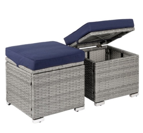 Set of 2 Wicker Ottomans, Multipurpose w/ Removable Cushions, Steel Frame, Gray/Navy - Lot 49