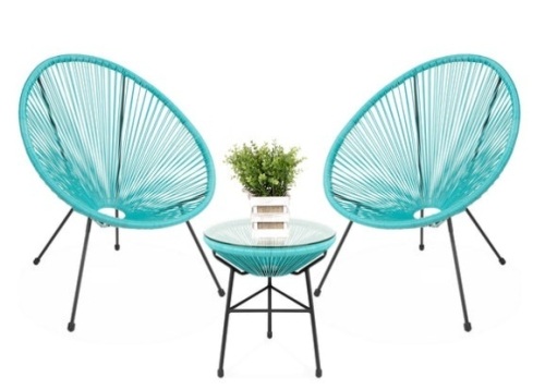 3-Piece All-Weather Patio Acapulco Bistro Set w/ Rope, Glass Top Table, Light Blue - Lot 51