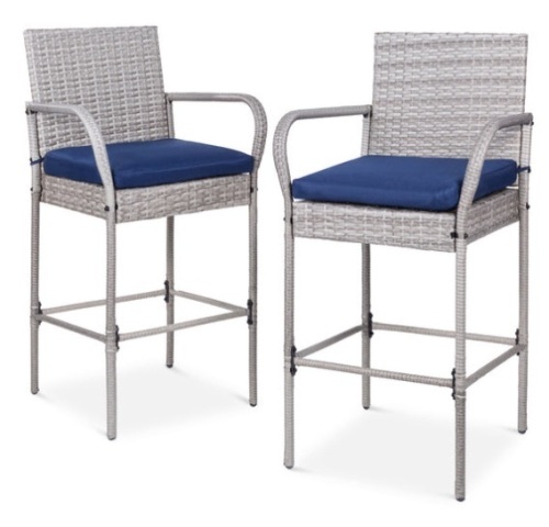 Set of 2 Indoor Outdoor Wicker Bar Stools w/ Cushion, Footrests, Armrests, Gray - Lot 58
