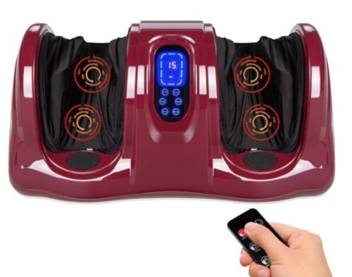 Therapeutic Foot Massager w/ High Intensity Rollers, Remote, 3 Modes, Burgundy - Lot 44