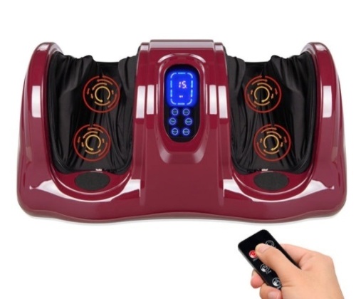 Therapeutic Foot Massager w/ High Intensity Rollers, Remote, 3 Modes, Burgundy - Lot 45