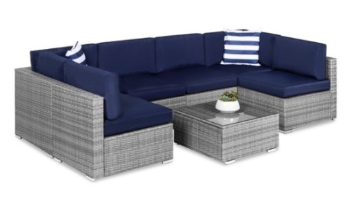 7-Piece Modular Wicker Sectional Conversation Set w/ 2 Pillows, Cover, Gray/Navy - Lot 54