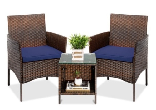 3-Piece Outdoor Patio Wicker Bistro Set w/ Side Storage Table, Brown/Navy - Lot 55