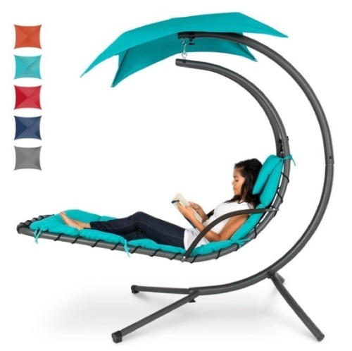 Hanging Curved Chaise Lounge Chair w/ Built-In Pillow, Removable Canopy, Blue - Lot 63