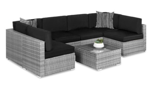 7-Piece Modular Wicker Sectional Conversation Set w/ 2 Pillows, Cover, Gray/Black - Lot 64