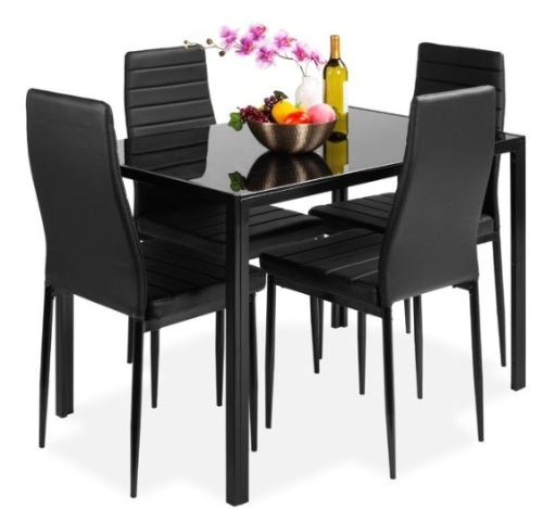 5-Piece Dining Table Set w/ Glass Top, Leather Chairs  - Lot 65