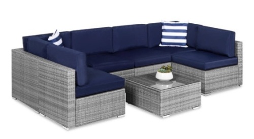 7-Piece Modular Wicker Sectional Conversation Set w/ 2 Pillows, Cover, Gray/Navy - Lot 74