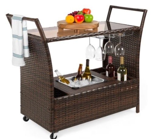 Wicker Serving Bar Cart w/ Wheels, Glass Counter, Ice Bucket - Lot 83