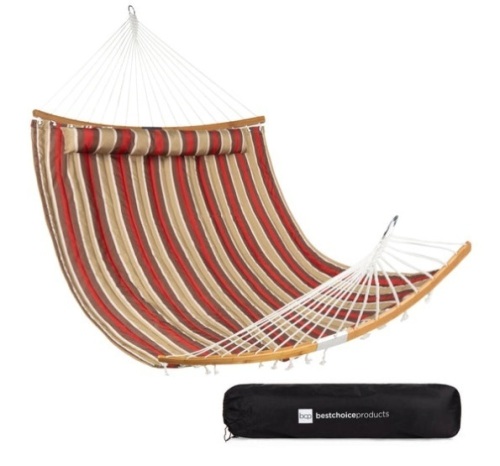 2-Person Quilted Portable Hammock w/ Curved Bamboo Spreader Bar, Carry Bag, Burgundy/Tan Stripe - Lot 85