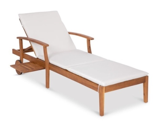 Adjustable Acacia Wood Chaise Lounge Chair w/ Side Table, Wheels - 79x26in, Cream - Lot 87
